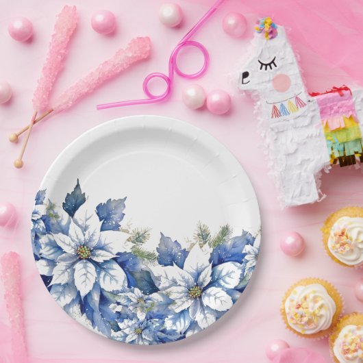 青いエレガントクリスマスポインセチア ペーパープレート (パーティー)