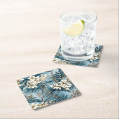 青いエレガントクリスマス花模様 スクエアペーパーコースター (インサイチュ)
