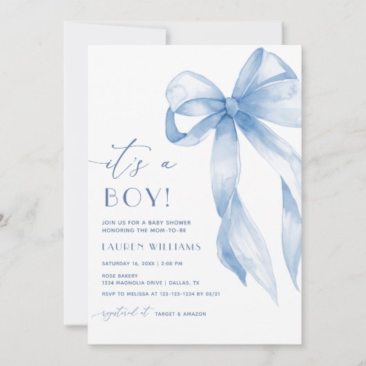 青いエレガントコケットが男の子の赤ちゃんシャワーを浴びる 招待状 (正面)