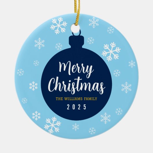 青いエレガントスノーフレークのクリスマスファミリーの写真 セラミックオーナメント (正面)