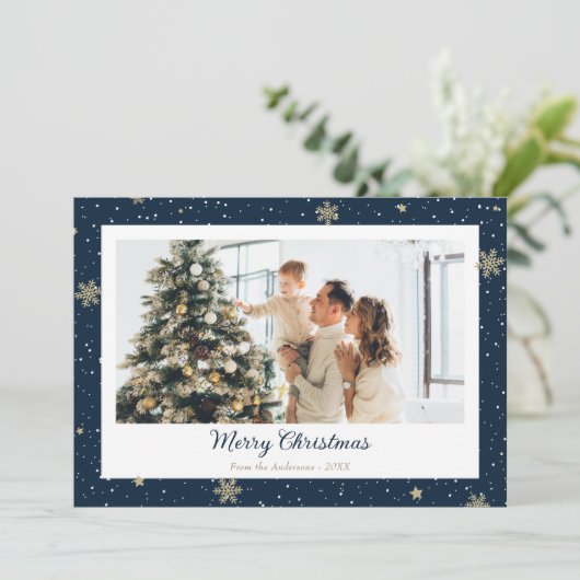 青いエレガントスノーフレーク写真メリークリスマスカード シーズンカード (スタンド正面)