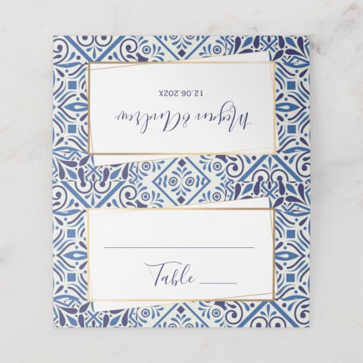 青いエレガントタイルと金ゴールド座席表 プレイスカード (外部開封)