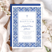 青いエレガントタイル宗教十字少年バプテスマ 招待状