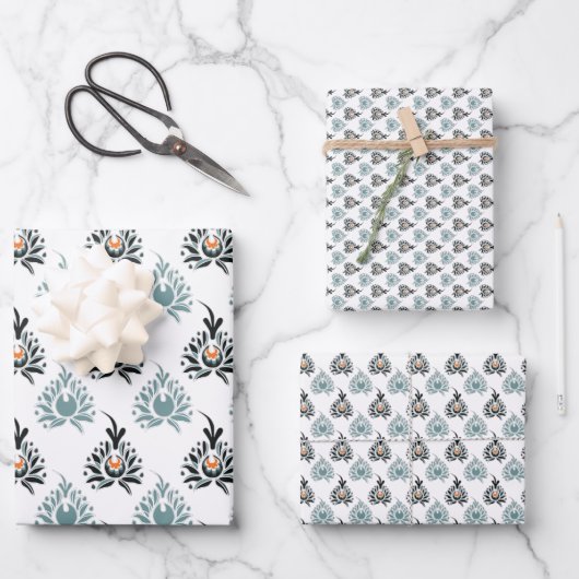 青いエレガントバラの花柄 ラッピングペーパーシート (正面)