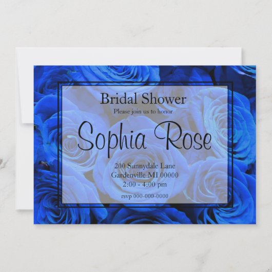 青いエレガントバラ青い花の青いフローラ 招待状 (正面)