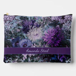 青いエレガントパープルフローラモノグラムの アクセサリーポーチ