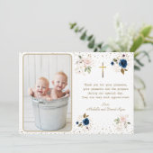 青いエレガントピンクの金ゴールド花双子フォトバプテスマ サンキューカード (スタンド正面)