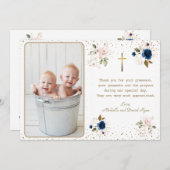 青いエレガントピンクの金ゴールド花双子フォトバプテスマ サンキューカード (正面/裏面)