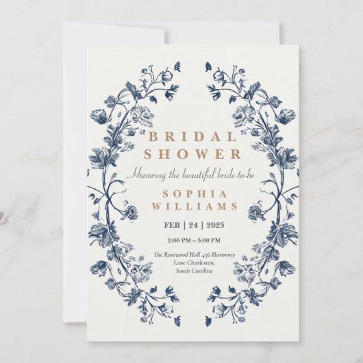 青いエレガントフローラウェディングシャワー招待カード 招待状 (正面)