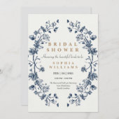 青いエレガントフローラウェディングシャワー招待カード 招待状 (正面/裏面)
