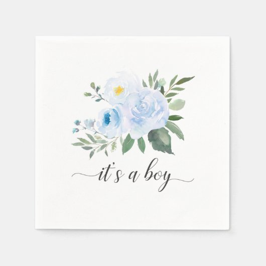 青いエレガントフローラ男の子のシャワーのナプキン スタンダードカクテルナプキン (正面)