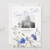青いエレガントボホWildflowers写真の保存日付 招待状 (正面)