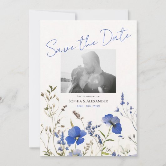 青いエレガントボホWildflowers写真の保存日付 招待状 (正面)