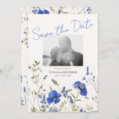 青いエレガントボホWildflowers写真の保存日付 招待状 (正面/裏面)