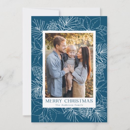 青いエレガントポインセチアと松の円錐写真 シーズンカード (正面)