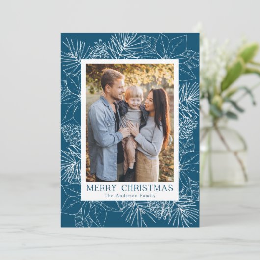 青いエレガントポインセチアと松の円錐写真 シーズンカード (スタンド正面)