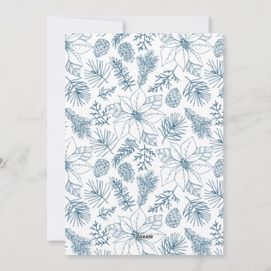 青いエレガントポインセチアと松の円錐写真 シーズンカード (裏面)