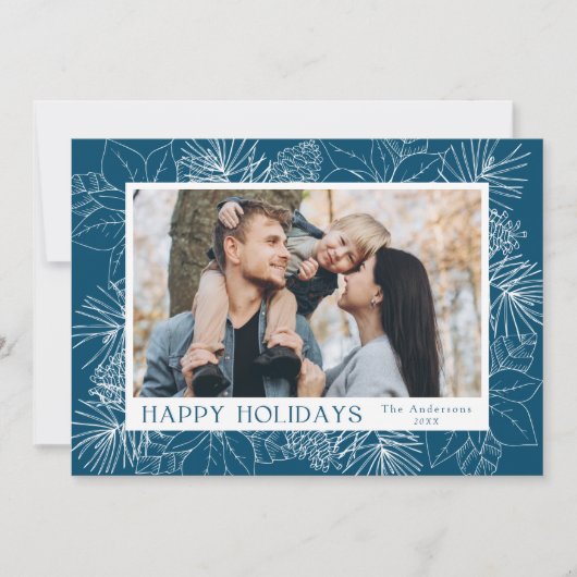 青いエレガントポインセチアと松の円錐写真 シーズンカード (正面)
