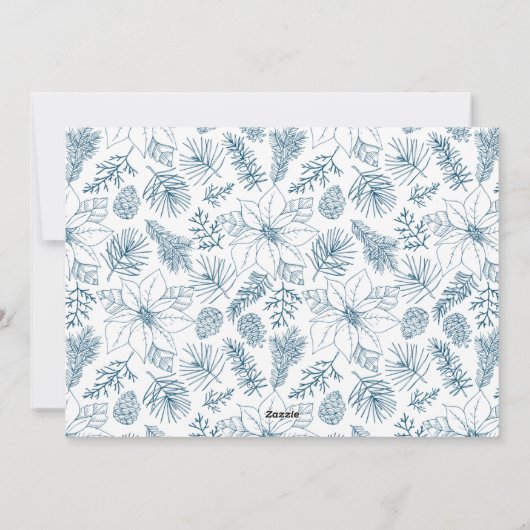 青いエレガントポインセチアと松の円錐写真 シーズンカード (裏面)