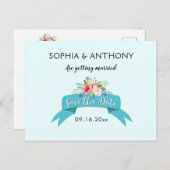 青いエレガントリボンとフローラ日付の保存 案内ポストカード (正面/裏面)