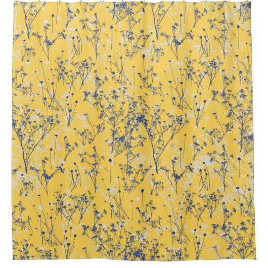 青いエレガントワイルドフラワーオンマスタードイエロー シャワーカーテン (正面)