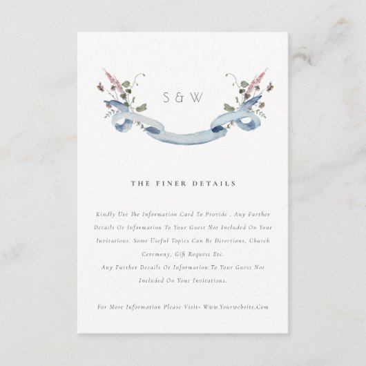 青いエレガントワイルドフラワーリボン結婚の詳細 エンクロージャーカード (正面)