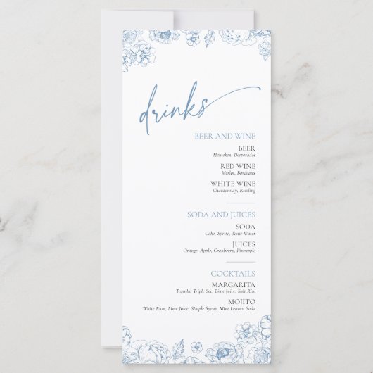 青いエレガント中華料理とドリンクのメニューカード (裏面)