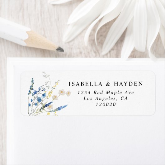 青いエレガント優美な花フローラ差出人住所 ラベル (インサイチュ)