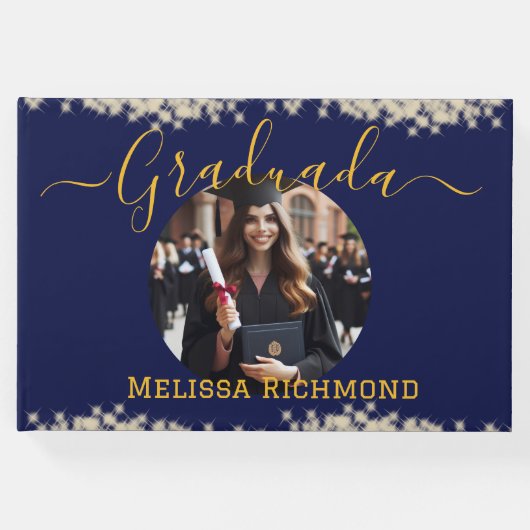 青いエレガント写真のスペインの卒業署名 ゲストブック (正面)