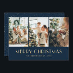 青いエレガント写真モダンコラージュのクリスマスカード シーズンカード<br><div class="desc">カスタムブルー写真ダークブルーの背景にコラージュを施したメリークリスマスカード。背中に雪が積もった。写真のクリスマスカードを簡単にパーソナライズあなたの画像と文字。</div>