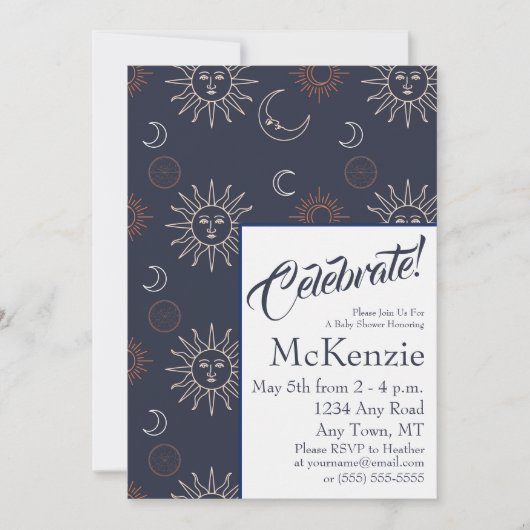 青いエレガント天体の赤ちゃんシャワーに太陽と月 招待状 (正面)