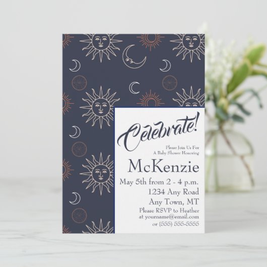 青いエレガント天体の赤ちゃんシャワーに太陽と月 招待状 (スタンド正面)