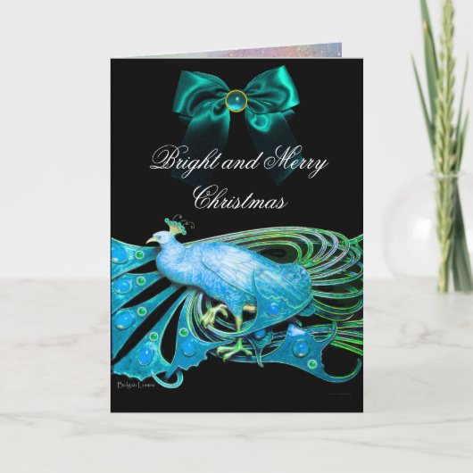 青いエレガント孔雀、宝石の石とクリスマスボウ シーズンカード (正面)
