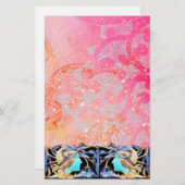 青いエレガント弓を持つ美しい/女性、ピンク色の花 便箋 (正面/裏面)