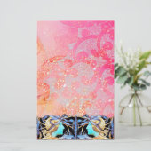 青いエレガント弓を持つ美しい/女性、ピンク色の花 便箋 (スタンド正面)