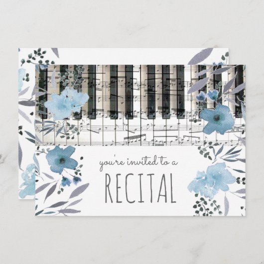 青いエレガント水の色の花の音楽リサイタル 招待状 (正面/裏面)