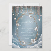 青いエレガント水晶の滴日付を保存 招待状 (正面)