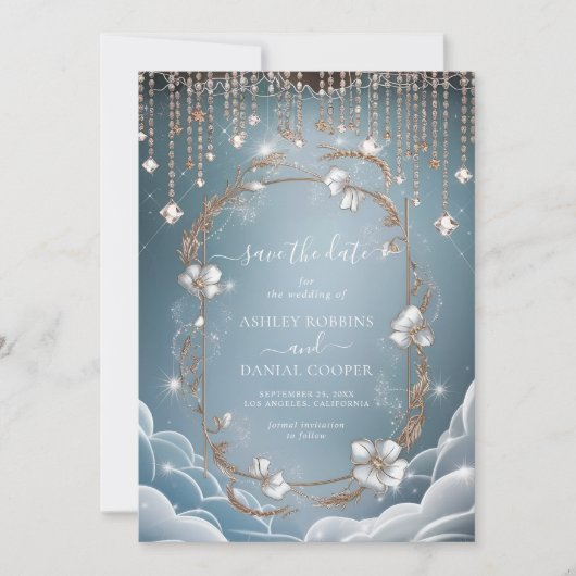 青いエレガント水晶の滴日付を保存 招待状 (正面)