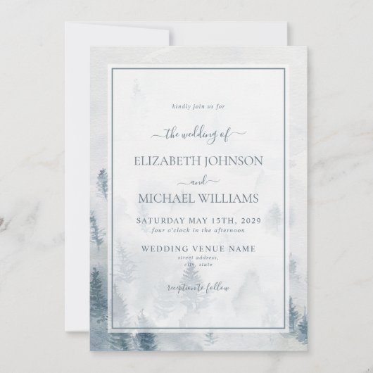 青いエレガント水色の松の木の冬の結婚式 招待状 (正面)