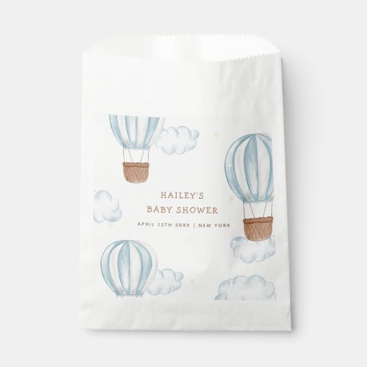 青いエレガント熱気球の雲の少年の赤ちゃんシャワー フェイバーバッグ (正面)