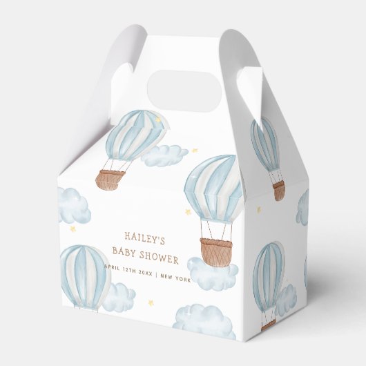 青いエレガント熱気球の雲の少年の赤ちゃんシャワー フェイバーボックス (裏面サイド)