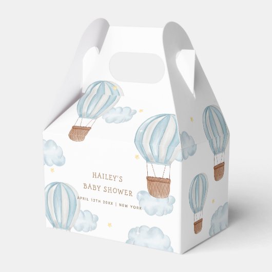 青いエレガント熱気球の雲の少年の赤ちゃんシャワー フェイバーボックス (正面サイド)