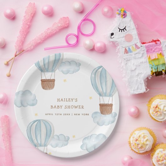 青いエレガント熱気球の雲の少年の赤ちゃんシャワー ペーパープレート (パーティー)