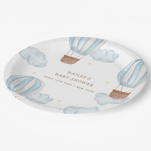 青いエレガント熱気球の雲の少年の赤ちゃんシャワー ペーパープレート (アングル)