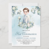 青いエレガント白い花のセージ最初の聖餐式 招待状 (正面)