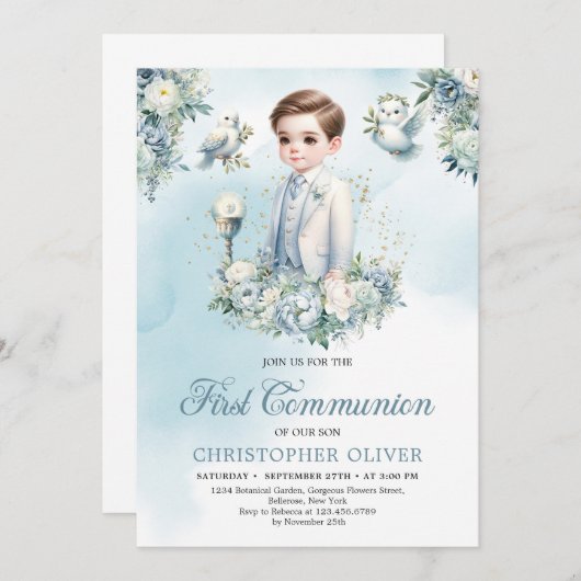 青いエレガント白い花のセージ最初の聖餐式 招待状 (正面/裏面)