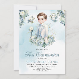 青いエレガント白い花のセージ最初の聖餐式 招待状