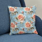 青いエレガント背景の桃バラ クッション