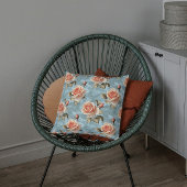 青いエレガント背景の桃バラ クッション