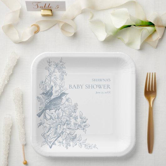 青いエレガント自然の鳥の赤ちゃんシャワー ペーパープレート (ウェディング)